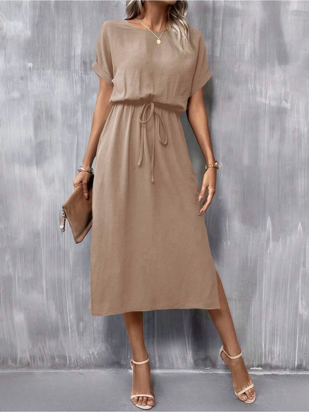 SHEIN Taupe Drawstring Waist Midi Dress